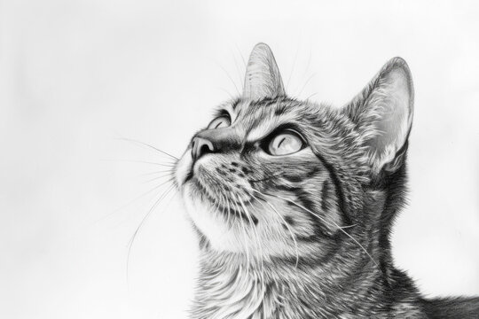 Pencil drawing cat on white background, photorealistic isolated portrait of pet looking up, illustration. Painted animal face on paper. Concept of design, art, nature, sketch