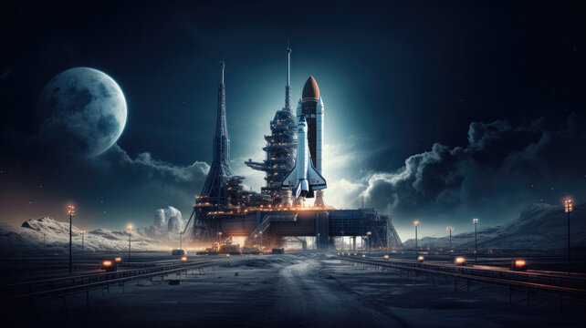 Space shuttle is on launch pad before start at night, rocket and big moon on sky background, fantasy view. Concept of travel, technology, science, sls, mission