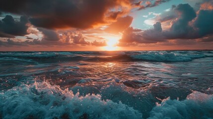 Low angle view of sunset over ocean waves - obrazy, fototapety, plakaty
