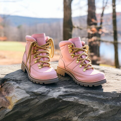 Bright Pink Hiking Boots on a Rock next to trees in the woods