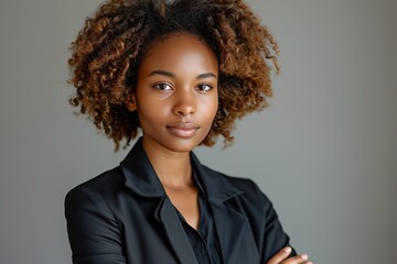 Close up attractive young black woman. Photo of young curly girl. Studio shot of a young businesswoman against a gray background. Portrait of young woman looking to camera with arms crossed