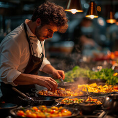 Fototapeta premium Professional chef cooking at a restaurant kitchen