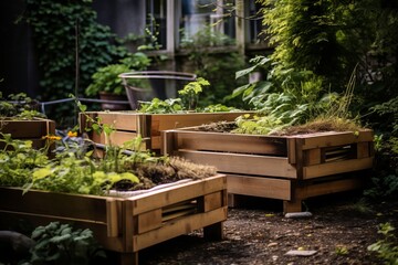 Vegetable garden in the city, wooden beds for growing vegetables, hobbies and recreation - obrazy, fototapety, plakaty