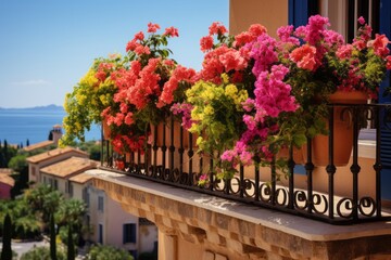 Summer flowers on the balcony or terrace, flowers in pots, home decoration with flowers - obrazy, fototapety, plakaty