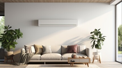 Elegant air conditioner purifier split unit mockup with modern living room decor