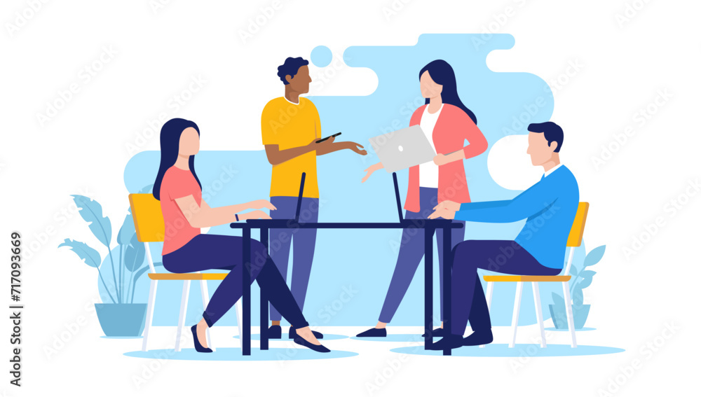 Fototapete Business meeting - Office people sitting and standing at desk with computer laptops, talking and discussing company project as a team. Flat design vector illustration with white background