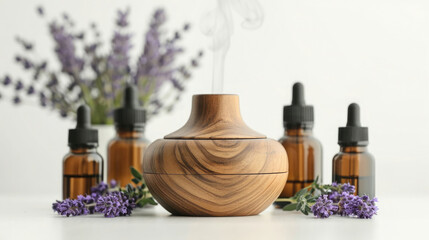 Essential oils and aromatherapy diffusers set against a white background, emphasizing wellness and relaxation