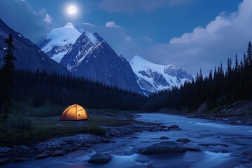 Moonlit Majesty: Camping by the River in Mountain Landscape, Ai generated