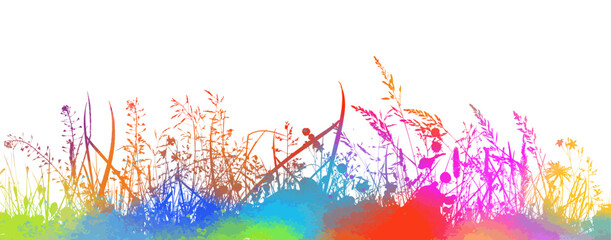 Vector illustration with colored grass silhouette on white background. hand drawing. Not AI,