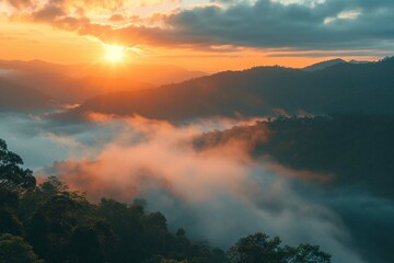Fototapeta na wymiar Mountain cloud and foggy at morning time with orange sky,Sunrise beautiful landscape Ai Generated