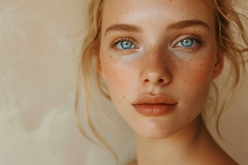 Natural blonde girl with blue eyes and with clear fresh skin at beige banner. Beauty portrait of attractive young woman for beauty, cosmetic , skin care , spa salon advertasing,Generative AI