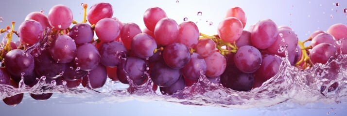 Purple grapes in a splash of water and grape juice on a white purple background, banner