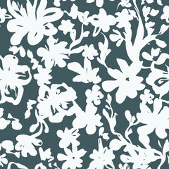 Seamless floral vector pattern ink effect, fashionable handmade draw for fabric design, decor, ceramics, greeting cards, flowers, texture printing on a dark background