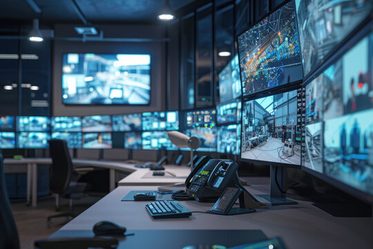 Industry 4.0 Modern Factory: Security Control Room with Multipoke Computer Screens Showing Surveillance Camera Footage Feed. High-Tech Security.