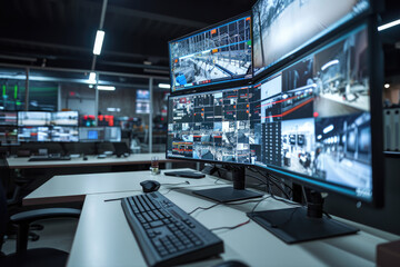 Industry 4.0 Modern Factory: Security Control Room with Multipoke Computer Screens Showing Surveillance Camera Footage Feed. High-Tech Security.