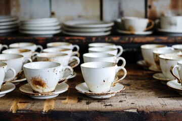Obraz premium lots of empty dirty white coffee cups ,we are hiring