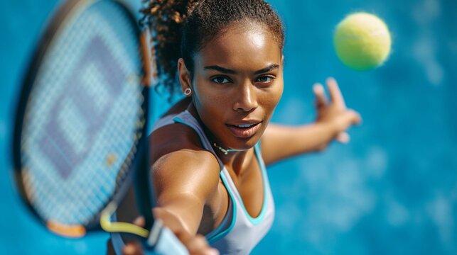 partial view of sportive young woman holding tennis racket and ball while playing on blue photography