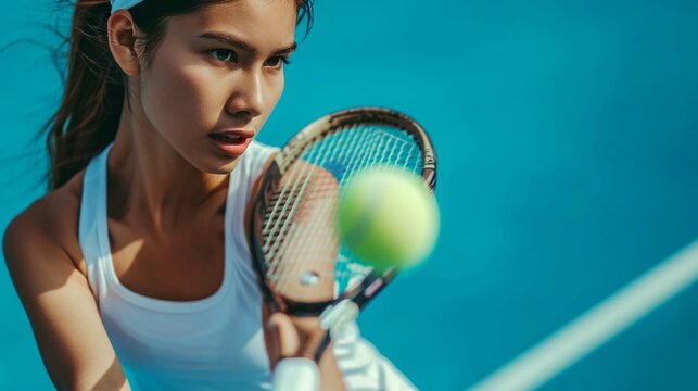 partial view of sportive young woman holding tennis racket and ball while playing on blue photography