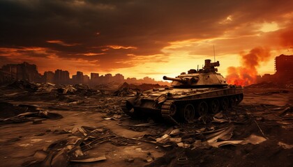 Armored tank crosses mine field in war invasion with fire and destruction - copyspace banner