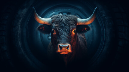 Kopf eines Stier / Bulle / Ochse vor einem schwarzen Ring, der an einen Reifen erinnert. Beleuchtet. Frontal. Dunkler Hintergrund. Surreale Illustration