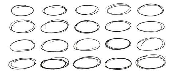Set black highlight oval frames isolated on white background. Hand drawn various doodle brush stroke ellipses with grunge crayon texture. Empty for text.
