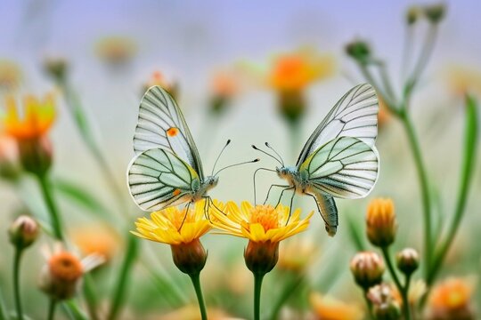 Photo of two delicate white butterflies with black outlines on their wings, perched on vibrant yellow flowers. The butterflies are surrounded by numerous similar flowers Ai Generated