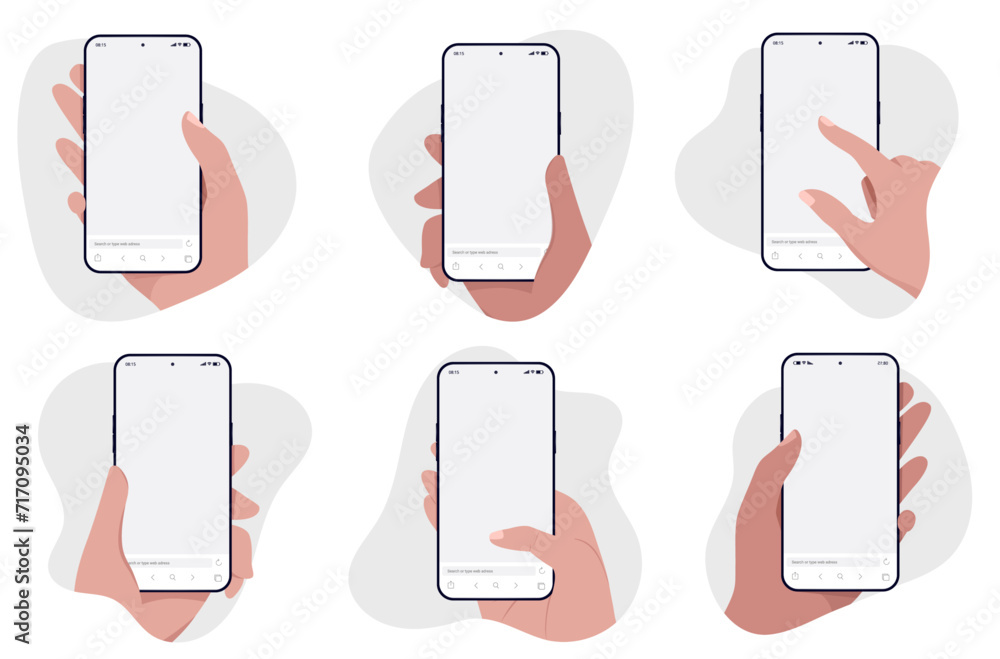 Fototapete Mobile phone in hand vector mockups - Template vector illustration of human hands holding and using smartphones with blank empty screen in flat design front view 