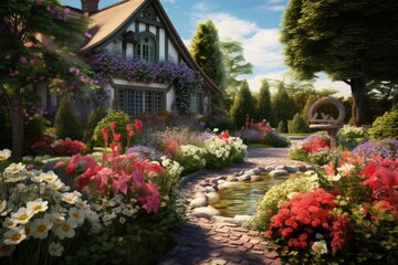Beautiful summer garden with flowers, bushes and stone path to the house, summer vacation