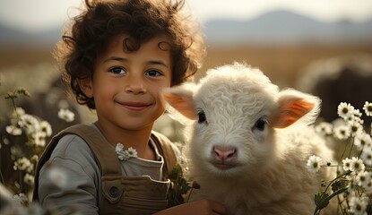 Adorable little boy playing in the meadow with a cute white sheep