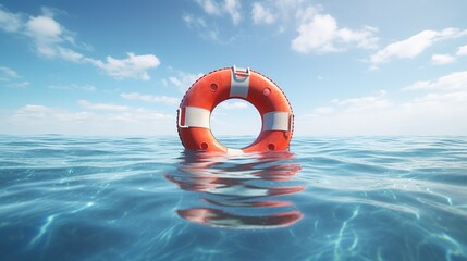 Lifebuoy floating in the ocean under blue sky, Ai Generated