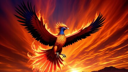 Fototapeta premium Majestic Phoenix Rising Against Fiery Sunset Sky Over Silhouetted Mountains