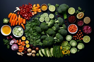 Composition with variety of raw organic vegetables on black background, top view
