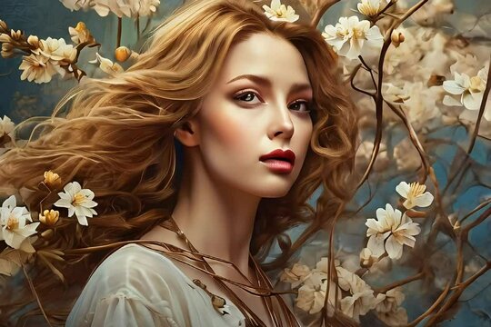 Floral Radiance: Gorgeous Blonde Woman Surrounded by Blossoms
