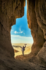 The photographer at desert cave near Riyadh, Saudi Arabia.