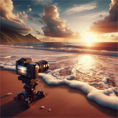A professional camera on a tripod captures a serene beach sunset, with gentle waves rolling onto the shore. Mountains silhouette against the golden sky, adorned with fluffy clouds. IA generated 