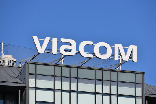 Viacom company logo, signage on the facade of Viacom International Media Networks Polska, Television station. WARSAW, POLAND - FEBRUARY 12, 2022