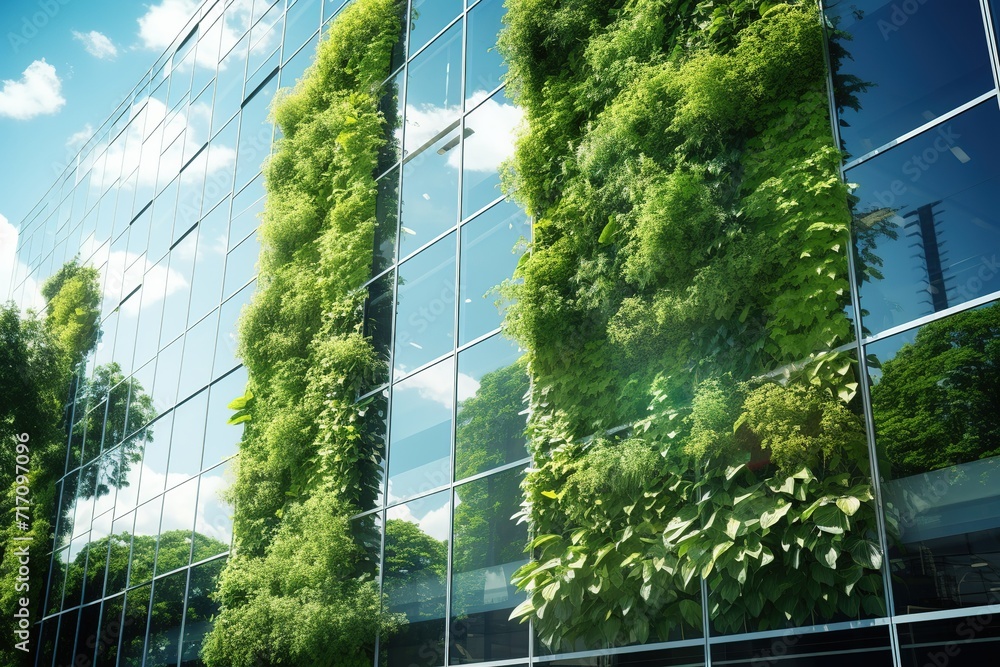 Wall mural modern office building with glass façade with plants, ai generated