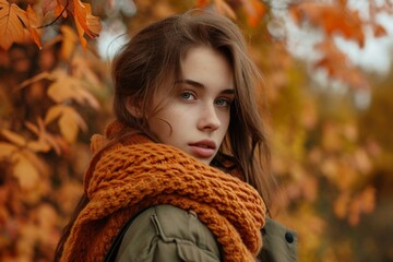 Portrait of young woman on a background of autumn nature. Enjoying Life in the Autumn on the Nature.
