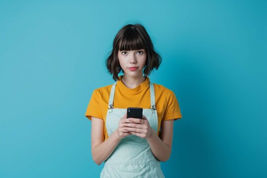 Portrait of young woman in apron holding smartphone in hands on blue background