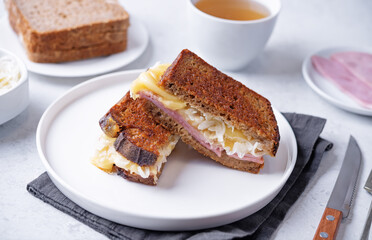 Reuben sandwich with ham, sauerkraut and cheese