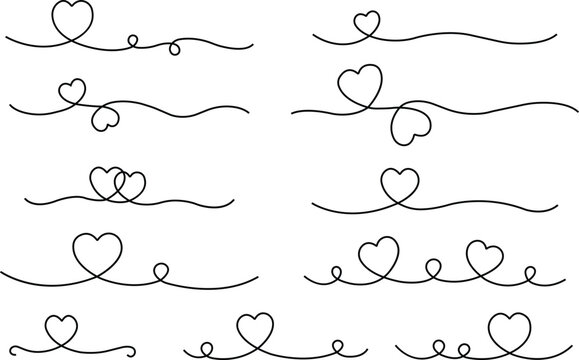 Heart lines bundle hand drawn doodle love linear black color icon set isolated on transparent background. Vector collection for valentine day invitation or greeting card drawn design Heart text divide