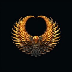Golden angel figurine wing logo style illustration black background, eye catching clipart image
