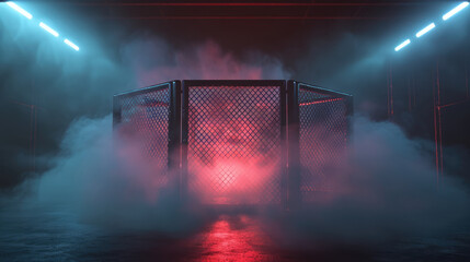 Generative AI, professional mma cage arena with spotlights, martial arts sport ring
