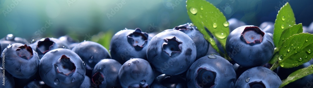 Wall mural a close-up of blueberries with water droplets on them, set against a green background. - Wall murals