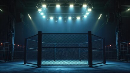 Generative AI, professional mma cage arena with spotlights, martial arts sport ring
 - obrazy, fototapety, plakaty