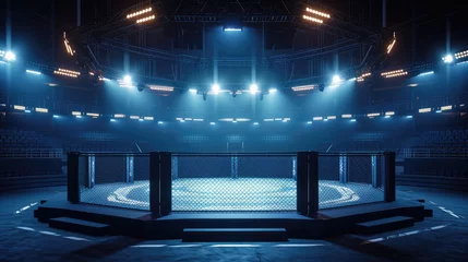Fotobehang Generative AI, professional mma cage arena with spotlights, martial arts sport ring  © Rymma