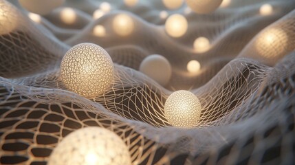 Glowing orbs of light suspended in a three-dimensional matrix of intricate lines