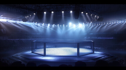 Generative AI, professional mma cage arena with spotlights, martial arts sport ring
