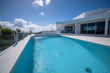 Fototapeta na wymiar Stunning upscale home: sleek design, pool, ocean panorama. Generative AI