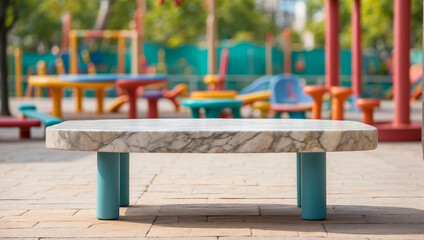 empty marble table for product display on a blurry children's playground in the background